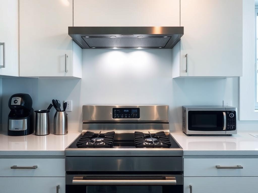 Kitchen after professional cleaning, with polished surfaces and clear counters