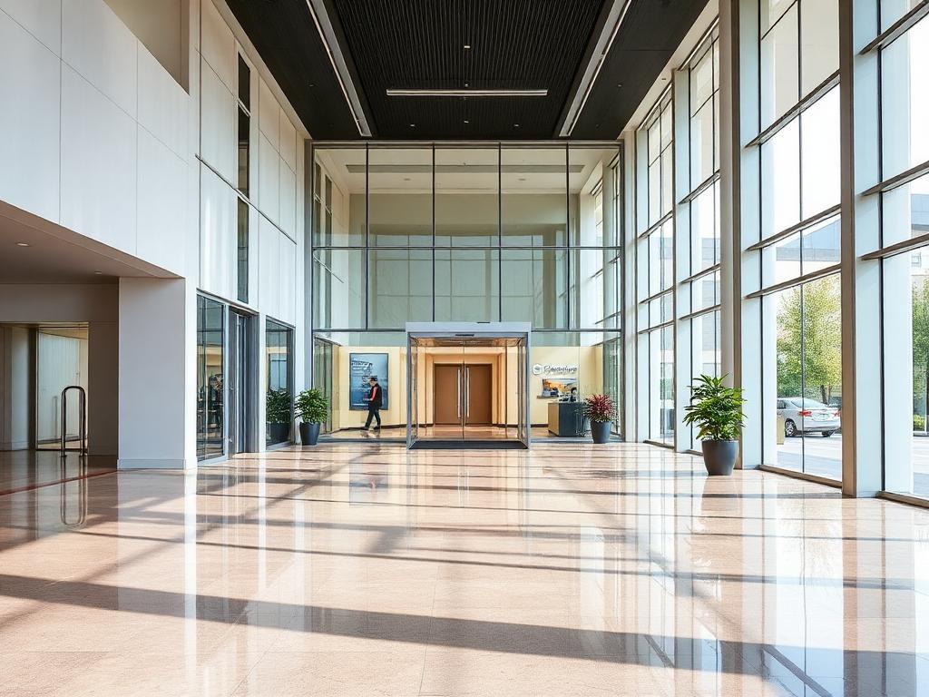 Polished commercial building lobby with gleaming floors